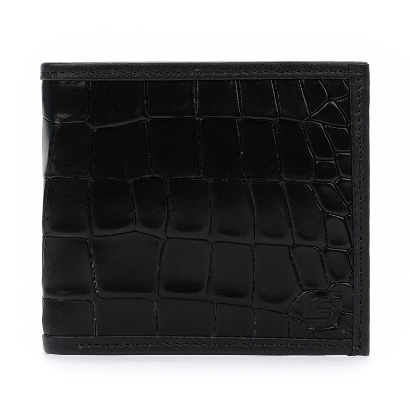Men's Genuine Leather Bifold Wallet with Coin Pocket Black Croco Pattern