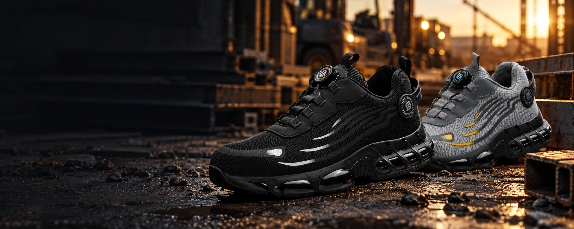 Black and grey S804 safety shoes on an industrial worksite