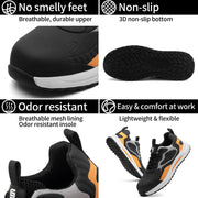 Black and orange athletic shoes with features highlighted on a white background