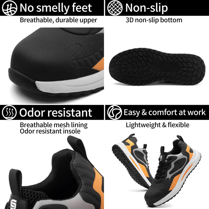 Black and orange athletic shoes with features highlighted on a white background