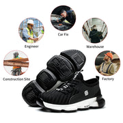 SLIMTA lightweight black safety shoes with thick sole, suitable for engineers, warehouse, factory, construction site, and car repair, showcased with labeled work environment images.