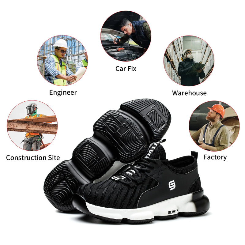 SLIMTA lightweight black safety shoes with thick sole, suitable for engineers, warehouse, factory, construction site, and car repair, showcased with labeled work environment images.