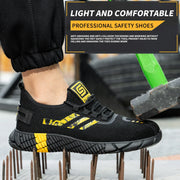 SLIMTA black and yellow safety shoe on nails, showing lightweight, protective workwear.