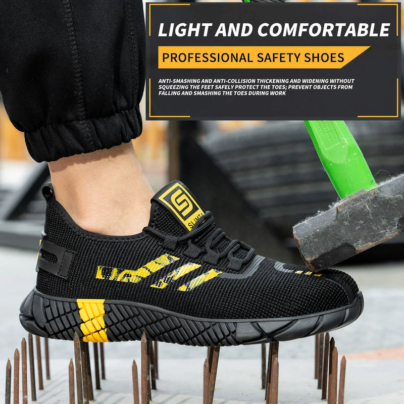 SLIMTA black and yellow safety shoe on nails, showing lightweight, protective workwear.