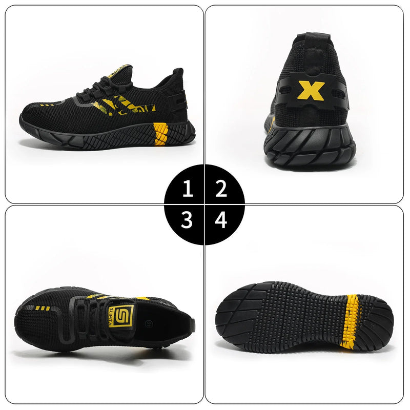 Black and yellow SLIMTA lightweight safety shoe, side, rear, top, and sole views on white background.