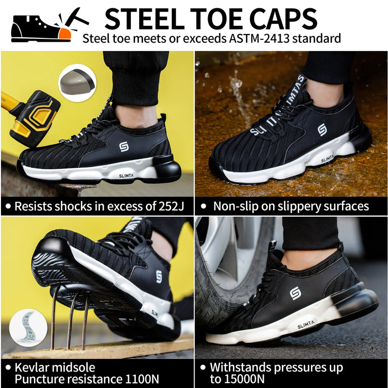 SLIMTA black steel toe safety shoes with non-slip sole, kevlar midsole, and shock resistance, shown in various safety tests in Dubai UAE setting.