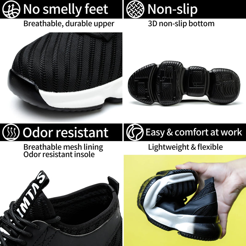 SLIMTA lightweight black safety shoes with breathable mesh, non-slip sole, and flexible design.